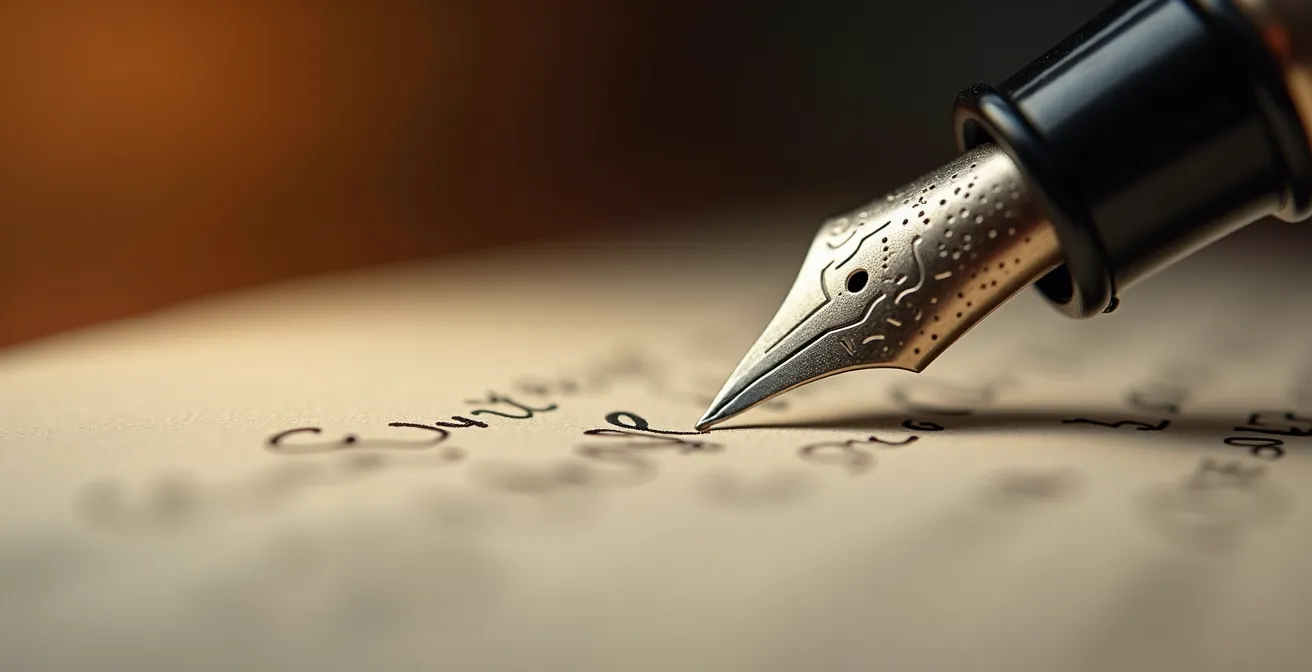 Détail macro d'une signature sur un contrat avec plume stylographe