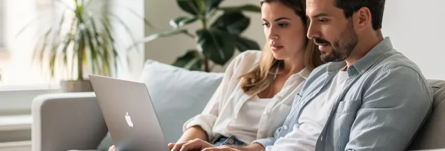 Couple français consultant une simulation crédit immobilier sur ordinateur portable dans leur salon