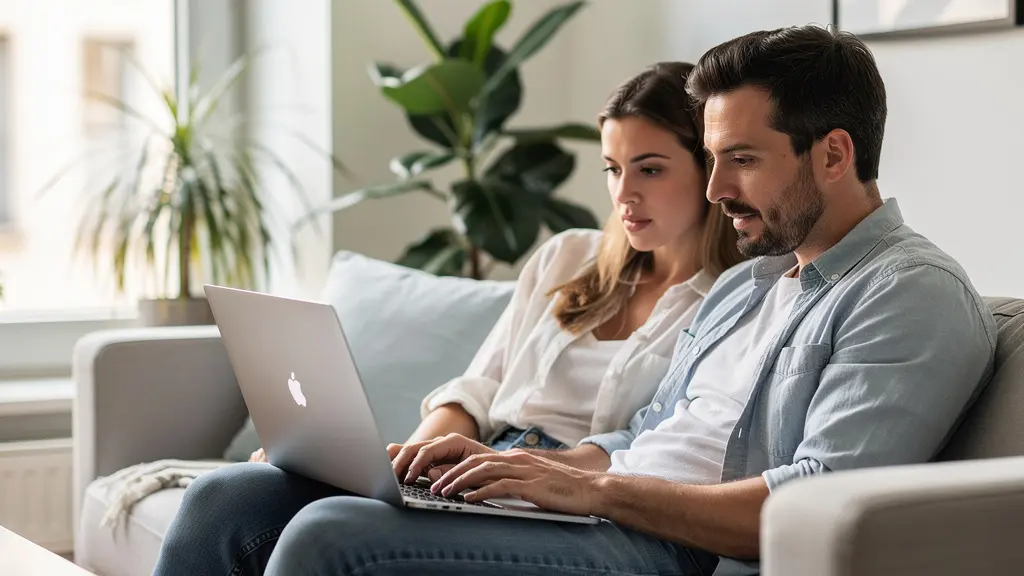 Couple français consultant une simulation crédit immobilier sur ordinateur portable dans leur salon