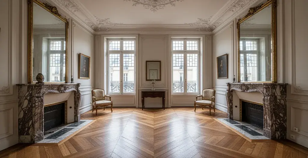 Intérieur appartement parisien haussmannien parquet cheminée valorisation immobilière