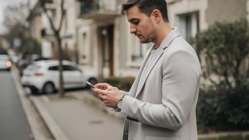 Personne consultant simulation crédit immobilier sur smartphone devant immeuble résidentiel