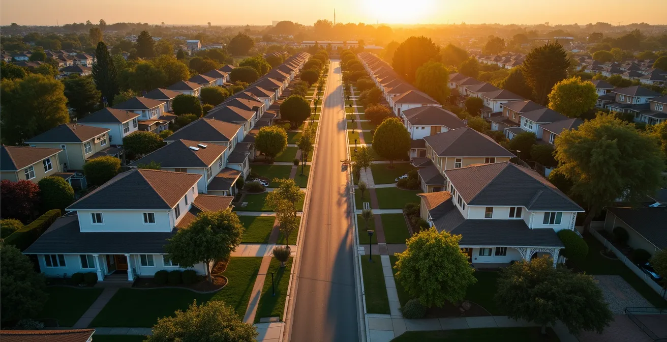 Vue aérienne d'un quartier résidentiel avec différents types de maisons