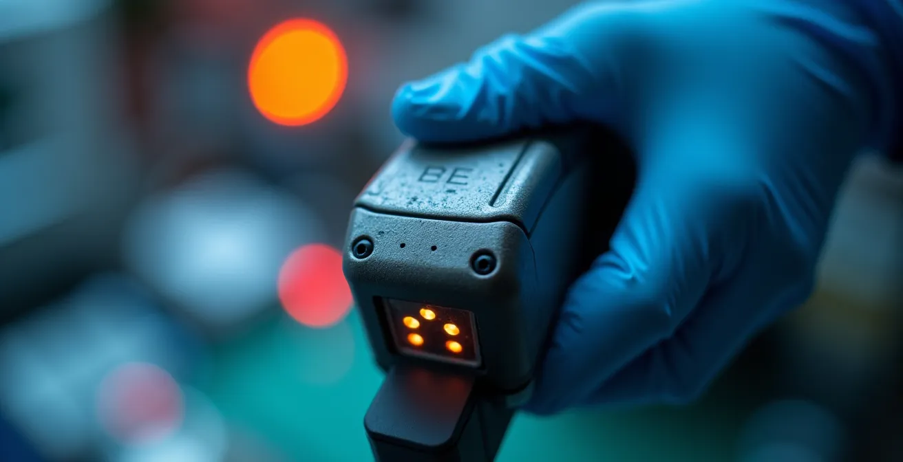 Gros plan sur un analyseur XRF professionnel pour diagnostic plomb avec main experte