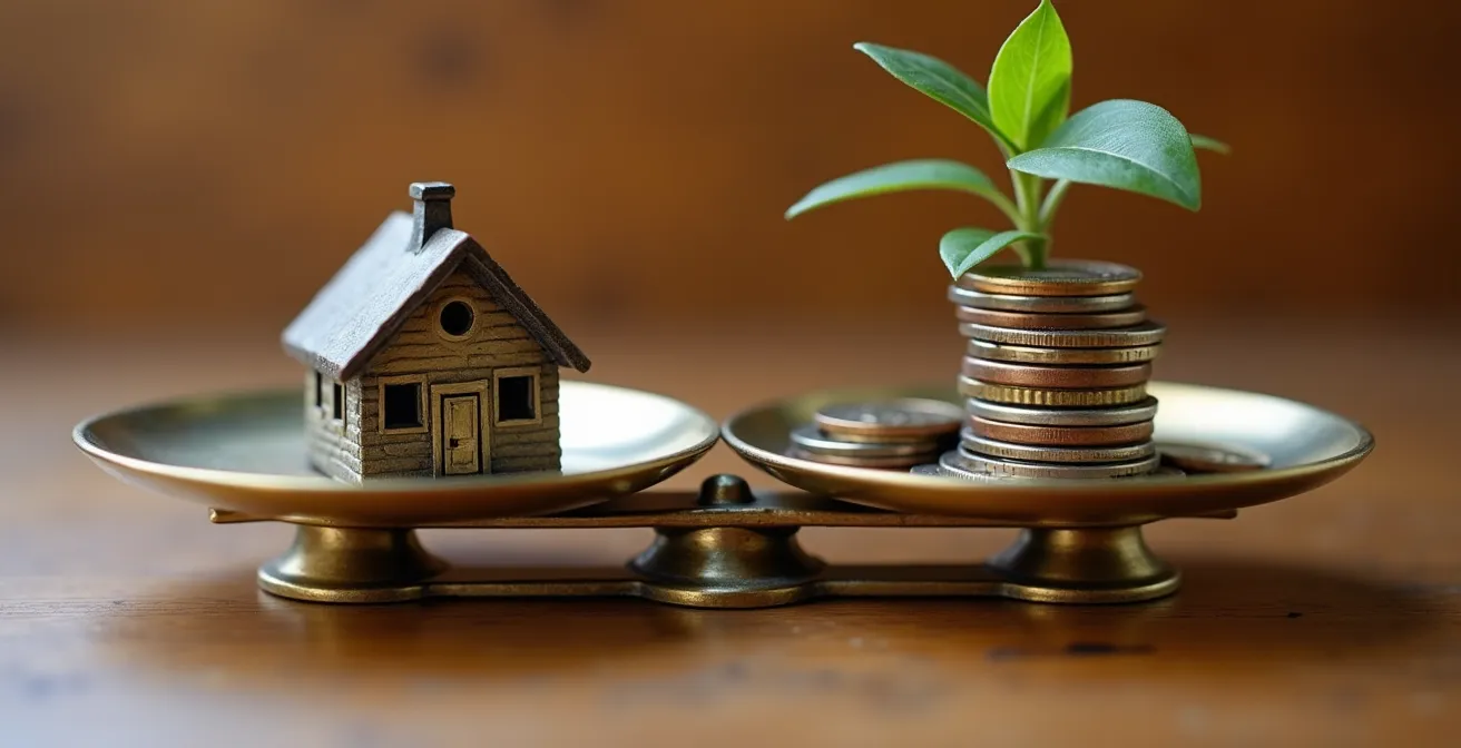 Balance de laiton équilibrée, avec une maison miniature d'un côté et une pile de pièces de monnaie en croissance de l'autre, symbolisant l'équilibre entre sécurité et croissance du patrimoine.