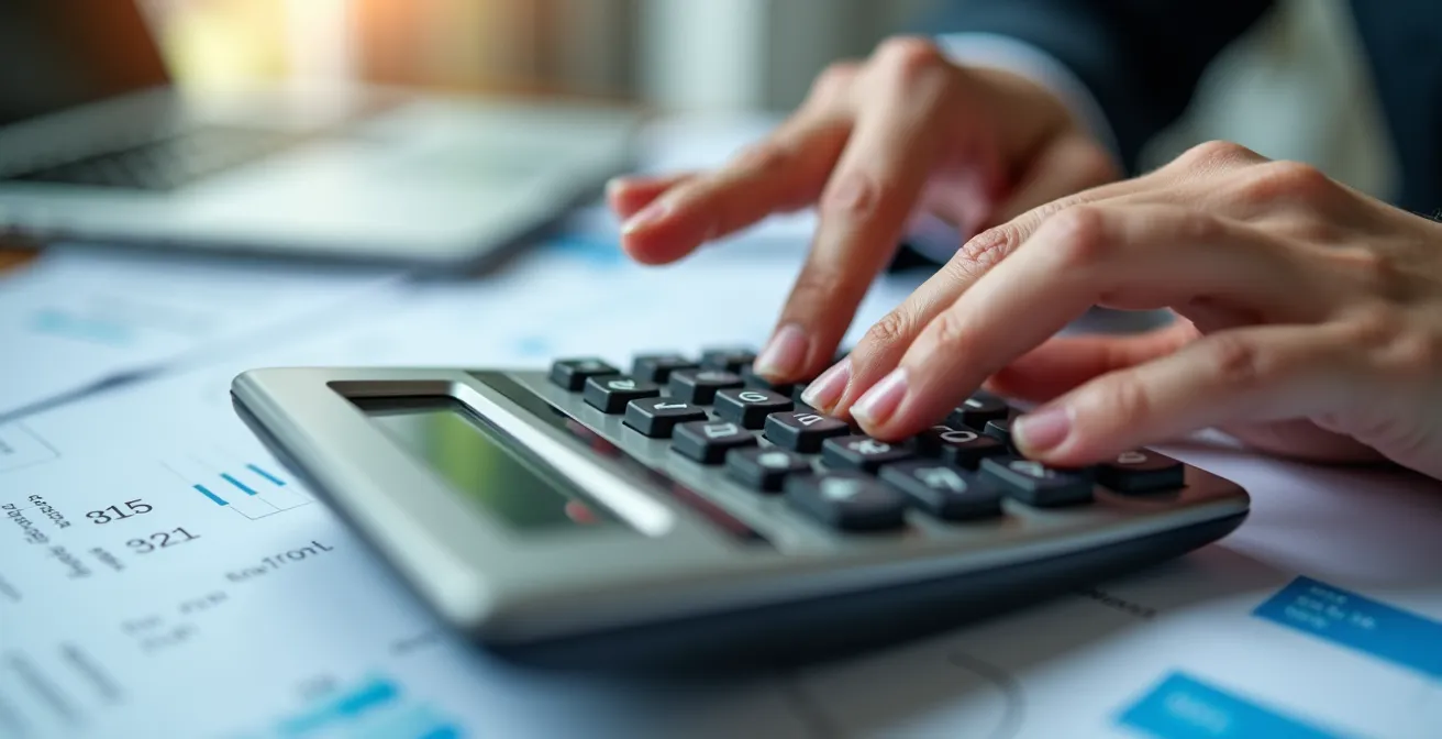 Vue macro de mains manipulant une calculatrice avec documents financiers flous en arrière-plan