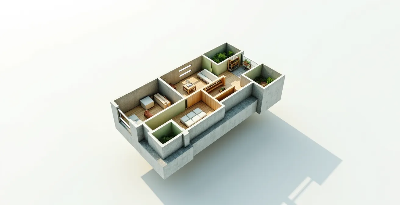 Schéma architectural montrant le calcul des surfaces annexes pour un appartement Pinel