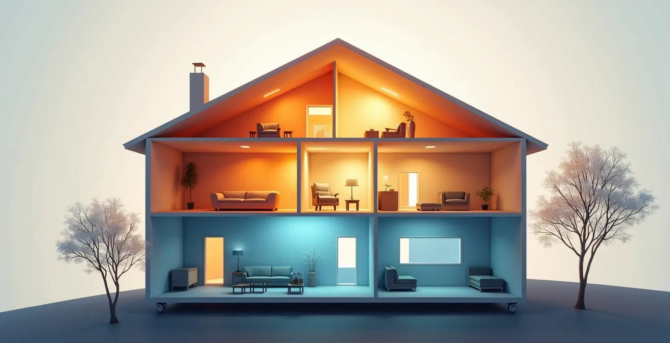 Vue en coupe d'une maison montrant les zones à risque d'amiante avec codes couleur