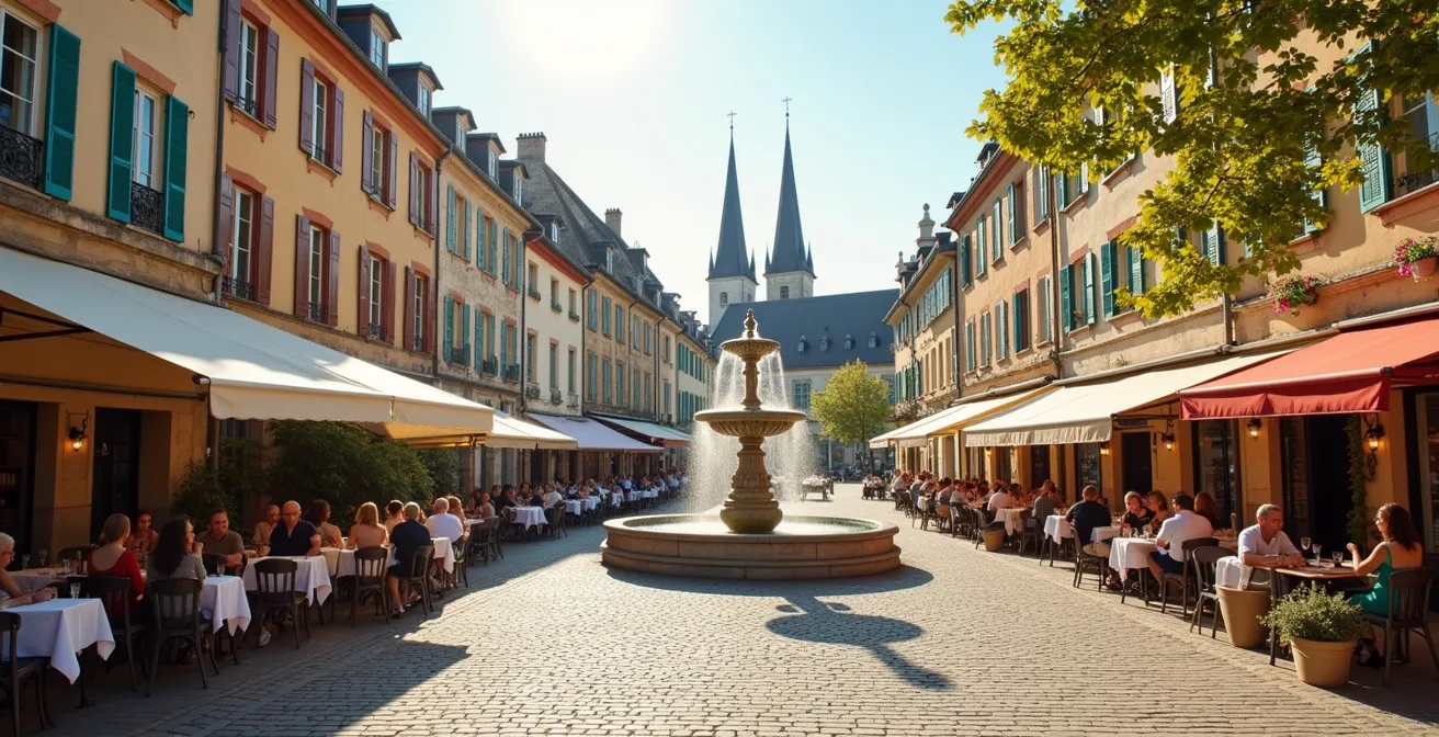 Place de marché historique rénovée avec immeubles anciens restaurés en centre-ville