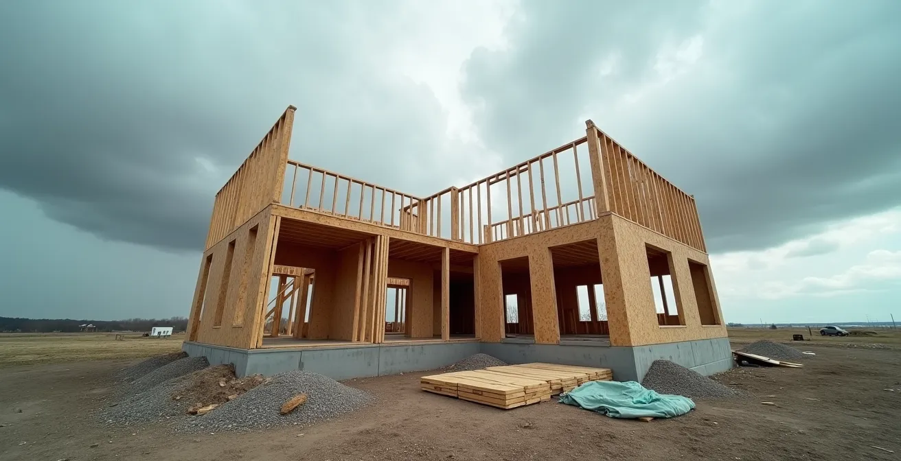 Chantier de construction à l'arrêt avec structure inachevée sous ciel nuageux