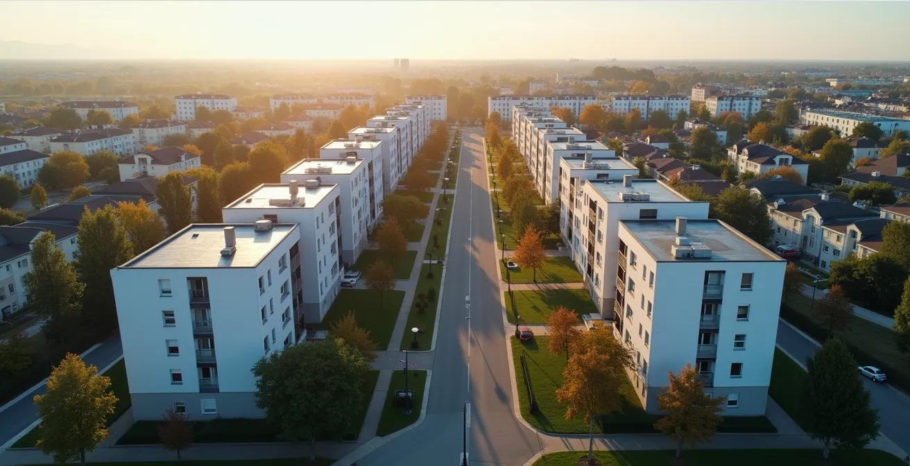 Vue aérienne d'un quartier résidentiel moderne montrant la différence entre propriété classique et BRS