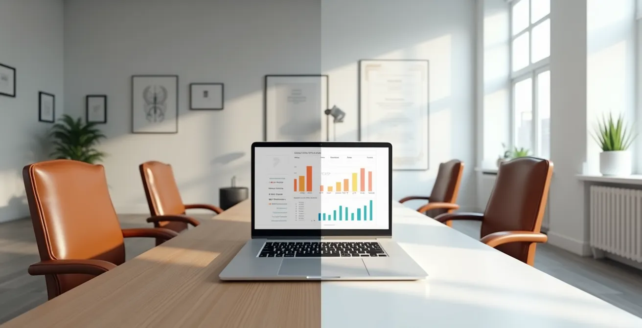 Bureau de courtier avec ordinateur montrant une interface digitale et un espace de réunion traditionnel