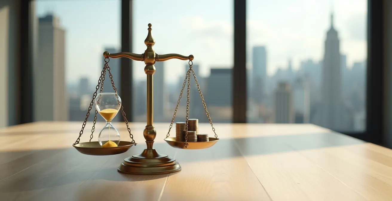 Balance symbolique avec pièces et sablier représentant l'équilibre entre durée et coût