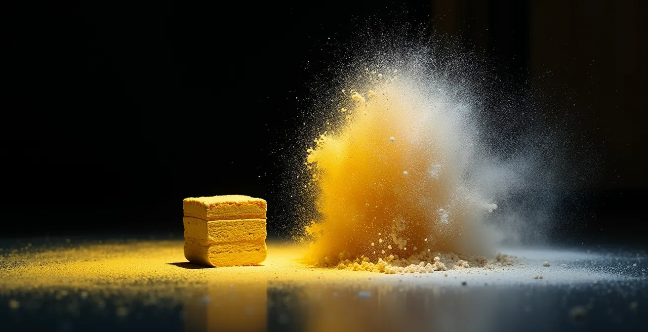 Comparaison visuelle entre un éclat de peinture intact et la même quantité pulvérisée en poussière fine après ponçage