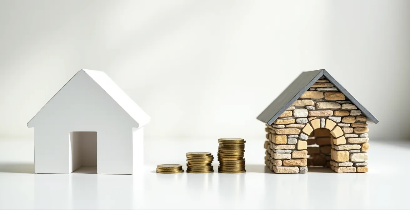 Deux maisons modèles côte à côte représentant le neuf et l'ancien avec des pièces d'euros empilées à différentes hauteurs pour symboliser la différence de coûts.
