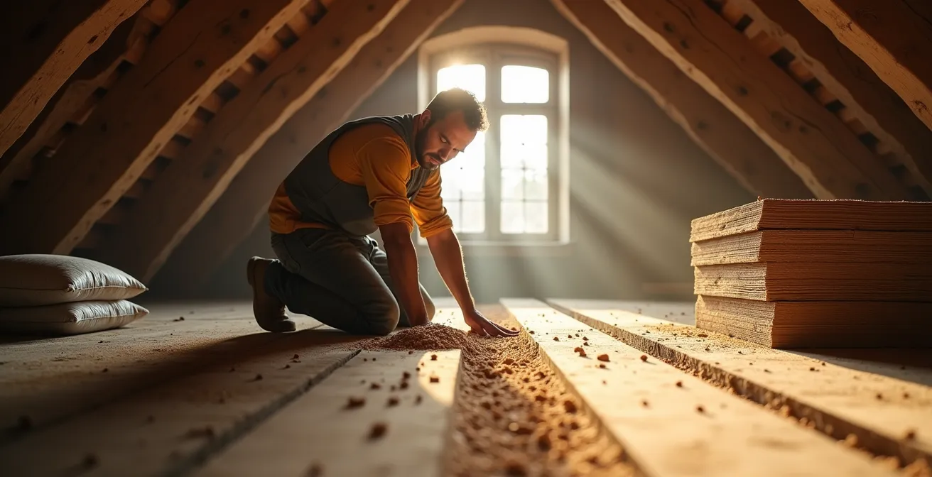 Vue en coupe d'un plancher ancien montrant les différentes couches d'isolation phonique légères superposées