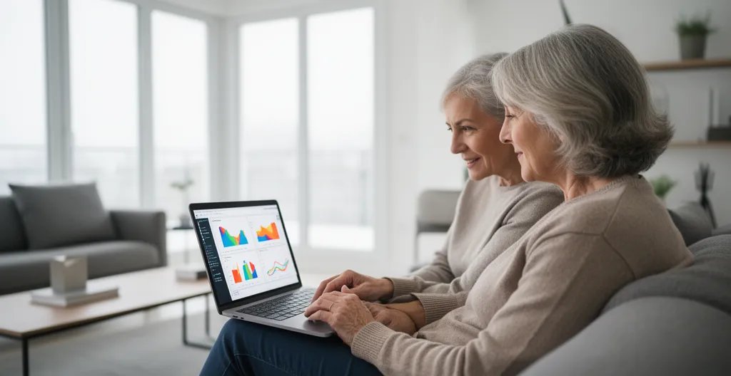 Couple quinquagénaire consultant des graphiques financiers SCPI sur ordinateur dans salon lumineux