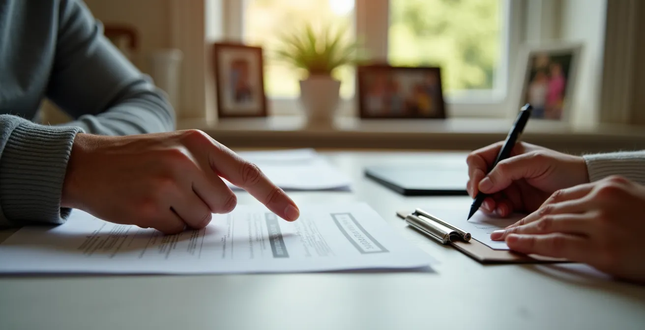 Maison familiale avec documents d'évaluation et calculatrice sur table en premier plan