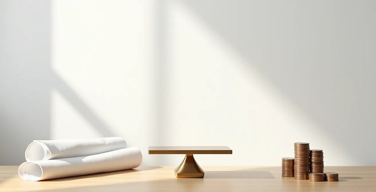 Balance équilibrée avec contrats d'assurance et pièces symbolisant les économies
