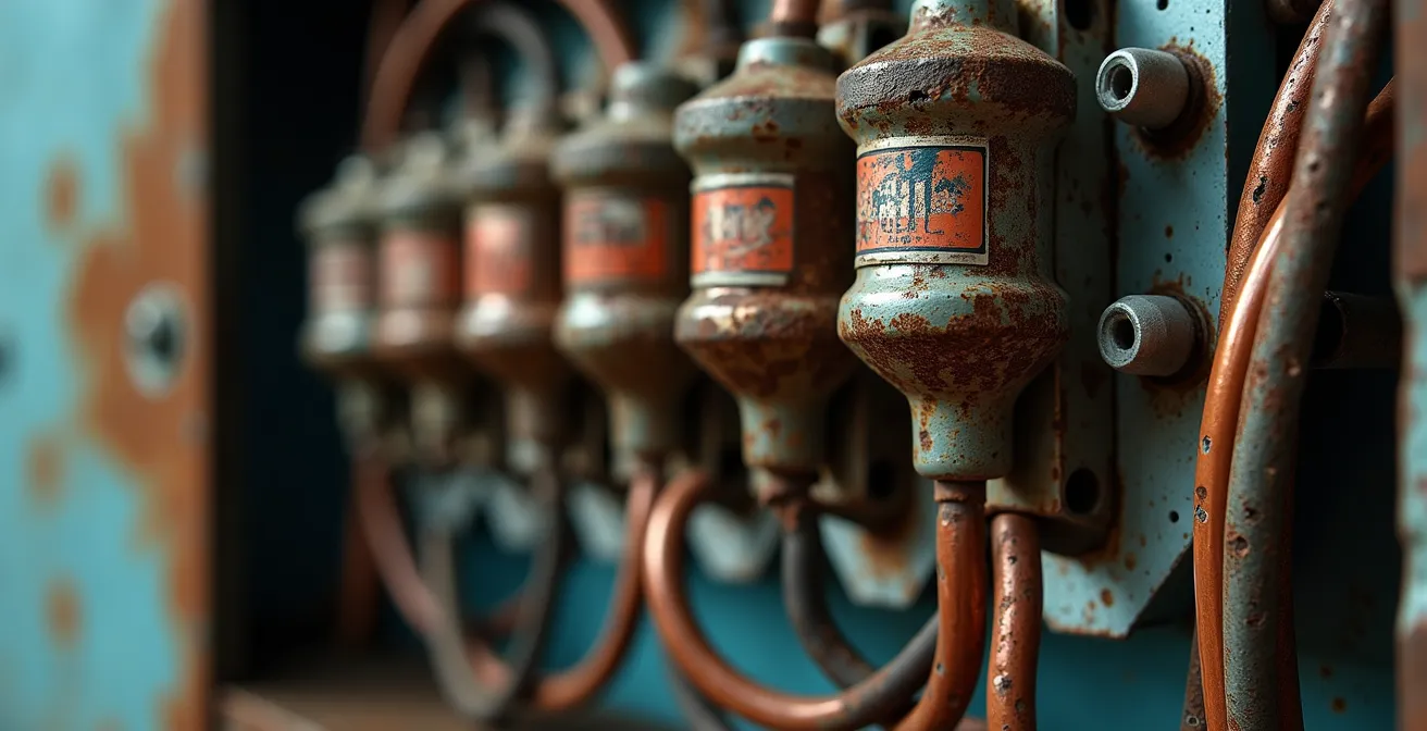 Tableau électrique ancien avec fusibles et câbles dans un sous-sol