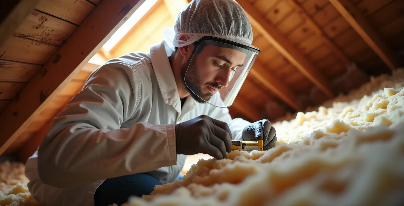 Diagnostiqueur professionnel mesurant l'isolation dans des combles avec équipement technique