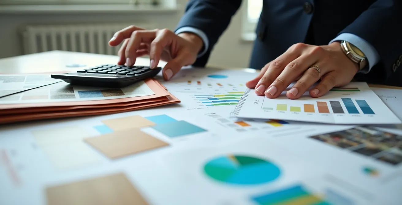 Bureau avec dossiers de prêt, devis et documents financiers organisés