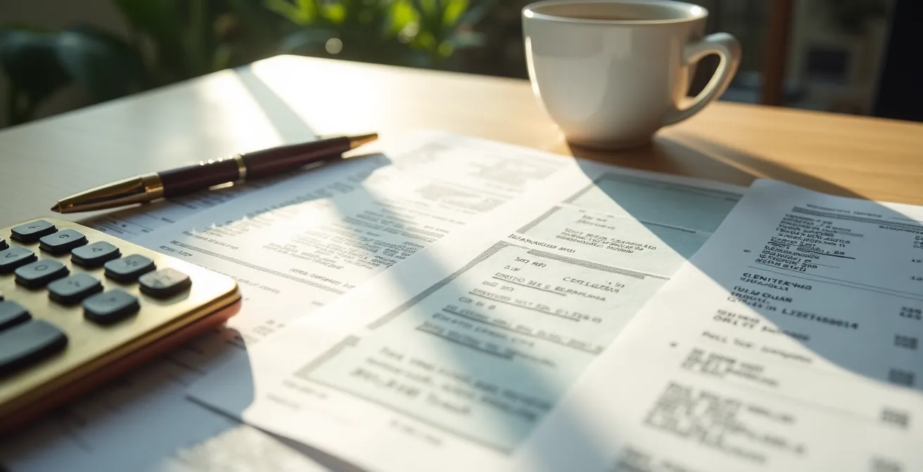 Documents financiers organisés sur un bureau avec calculatrice et graphiques, représentant la préparation d'un dossier bancaire