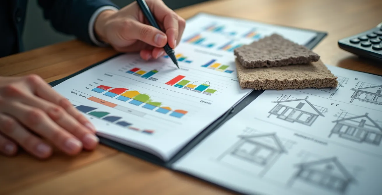 Mains consultant un dossier de rénovation énergétique avec devis et projections DPE sur une table en bois