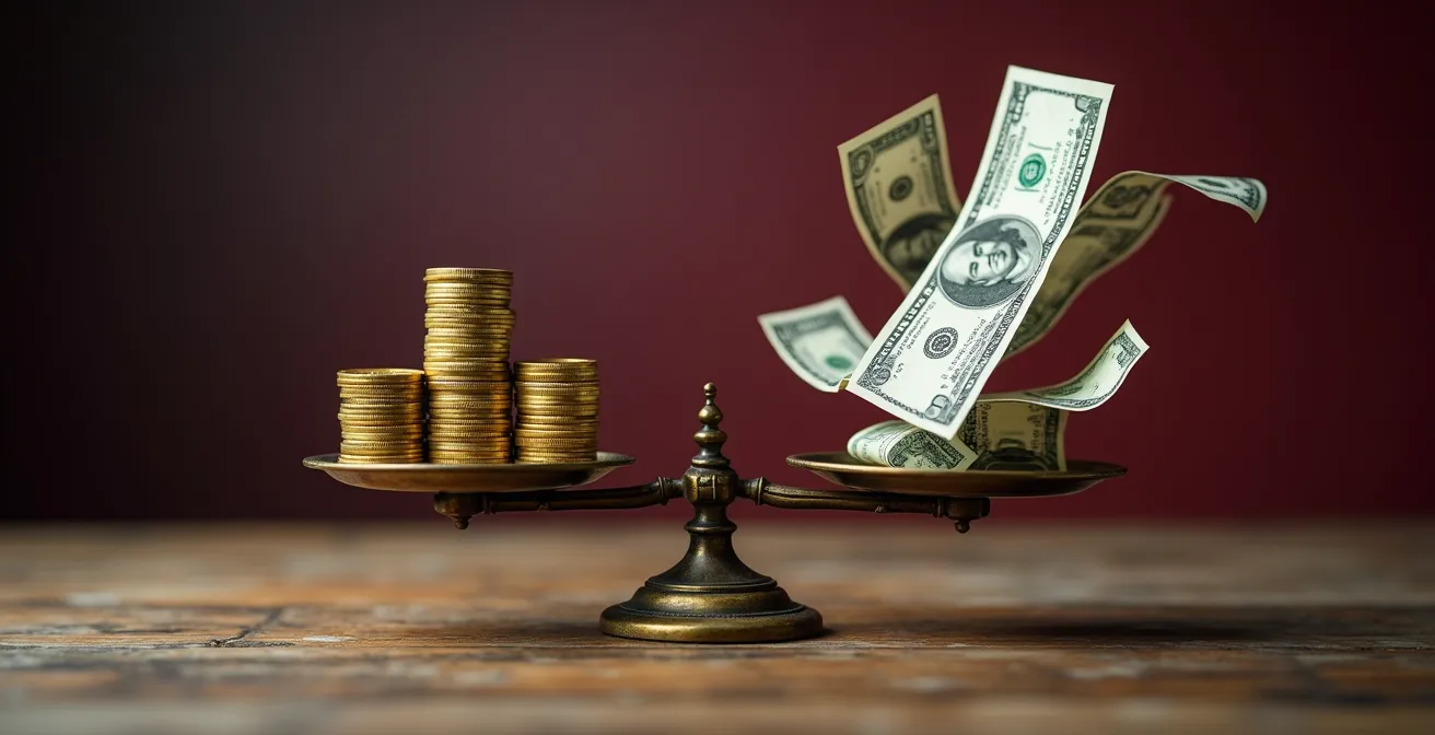 Graphique métaphorique avec des pièces dorées s'empilant, représentant la valeur du patrimoine, et des billets de banque s'envolant, symbolisant l'érosion de la dette par l'inflation.