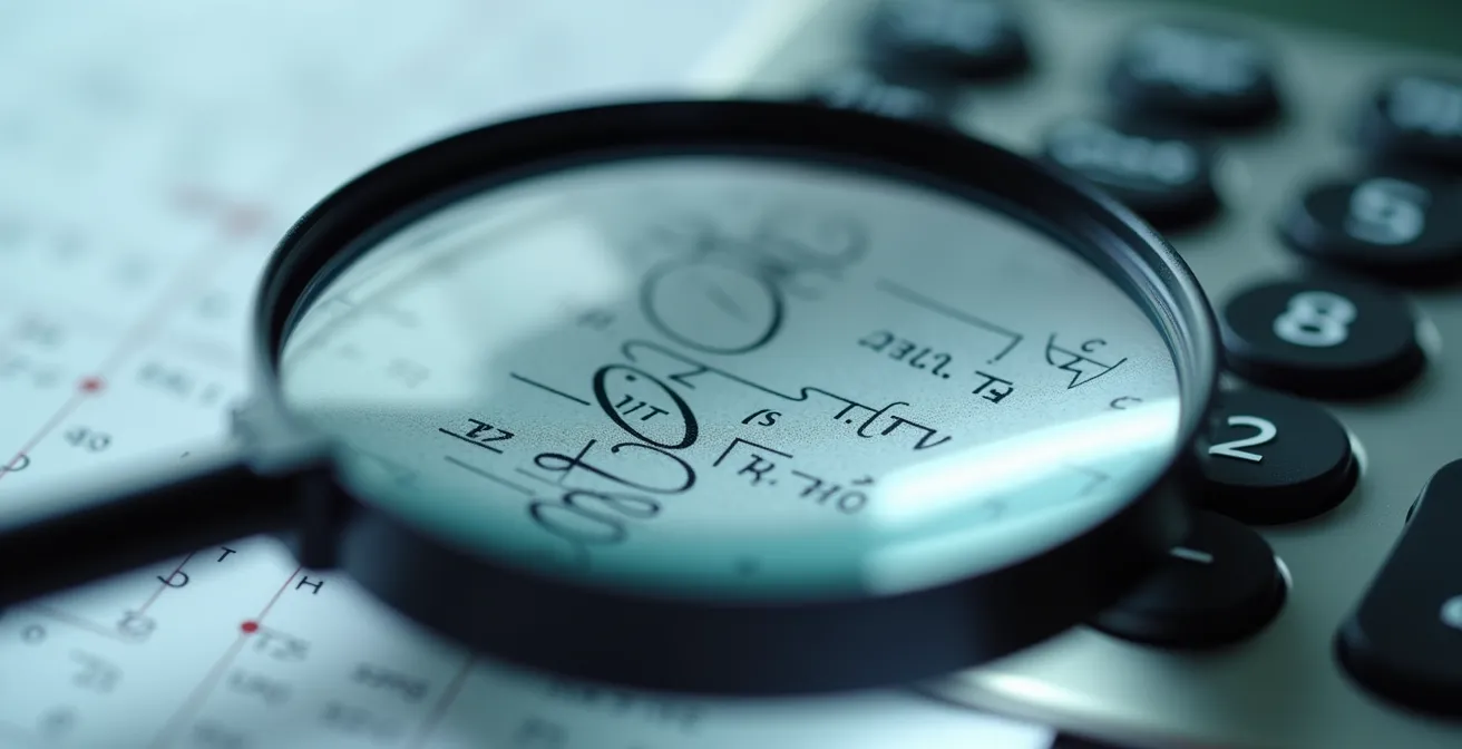 Loupe examinant des calculs financiers avec calculatrice en arrière-plan