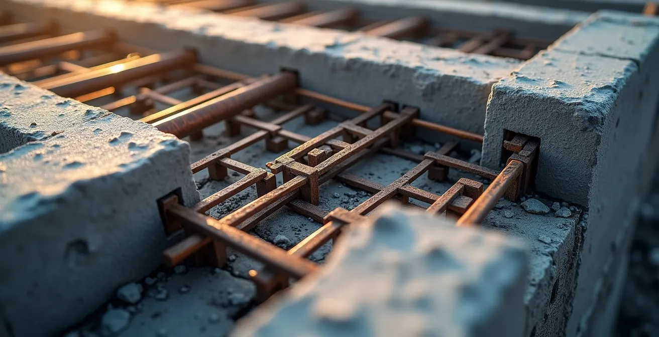 Vue en coupe de fondations avec chaînages et ferraillage conformes aux normes parasismiques