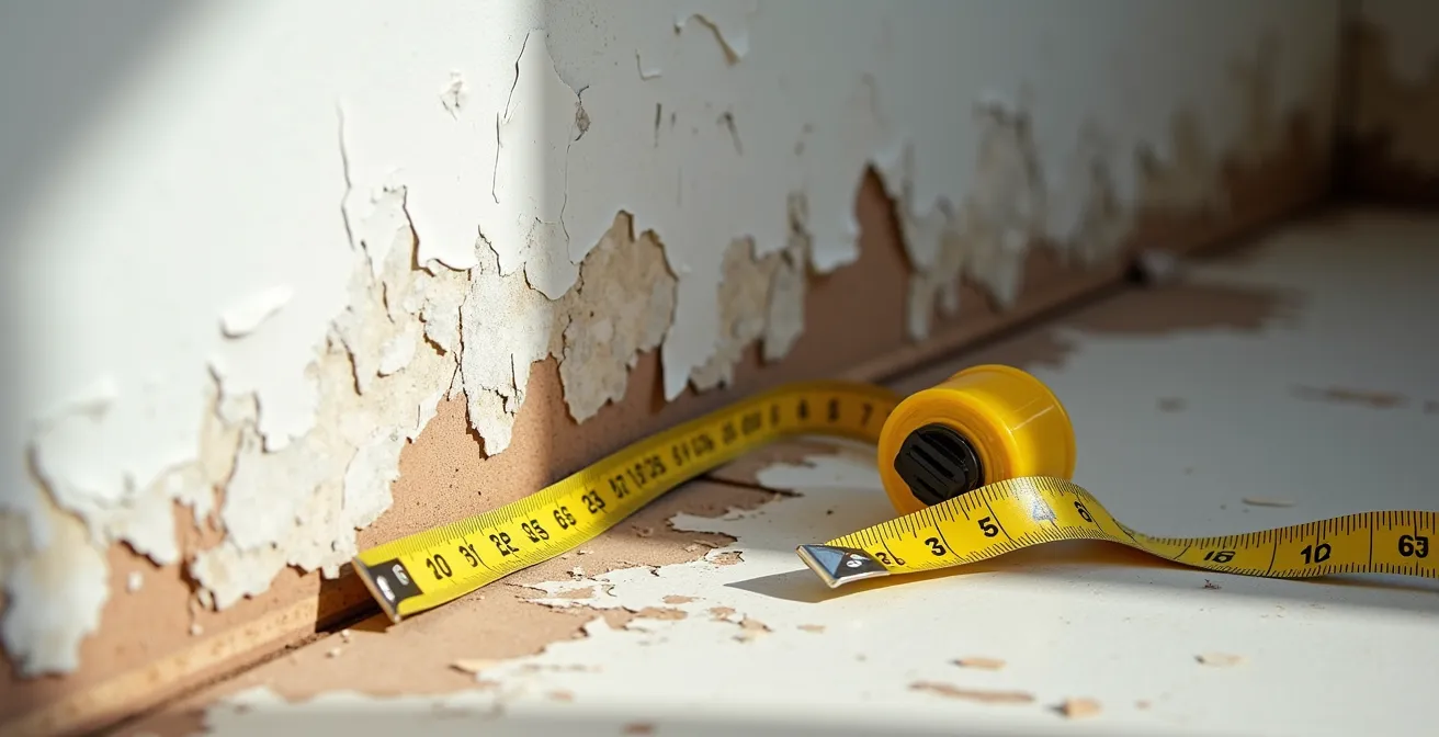 Détail d'un mur avec traces d'humidité et peinture écaillée dans un coin