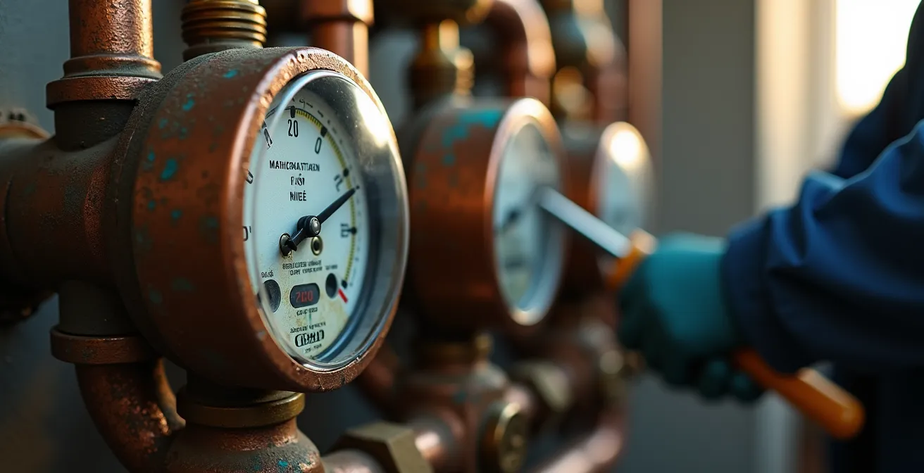 Technicien inspectant une installation de gaz ancienne avec compteur et tuyauterie visible