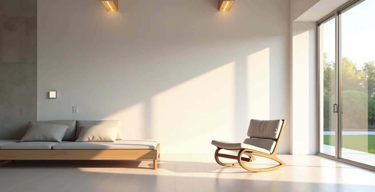 Espace de vie épuré montrant l'intégration harmonieuse et invisible de la technologie