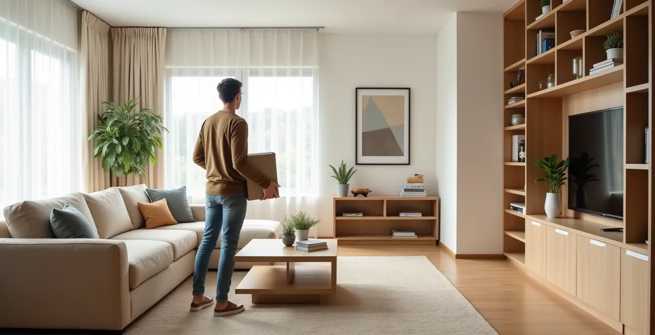 Salon lumineux avec mobilier moderne et rangements intégrés optimisés