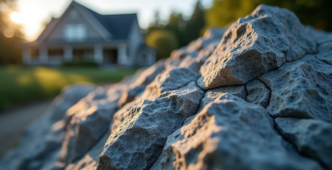 Coupe géologique d'une maison sur sol granitique avec représentation abstraite du radon s'infiltrant depuis le sous-sol.