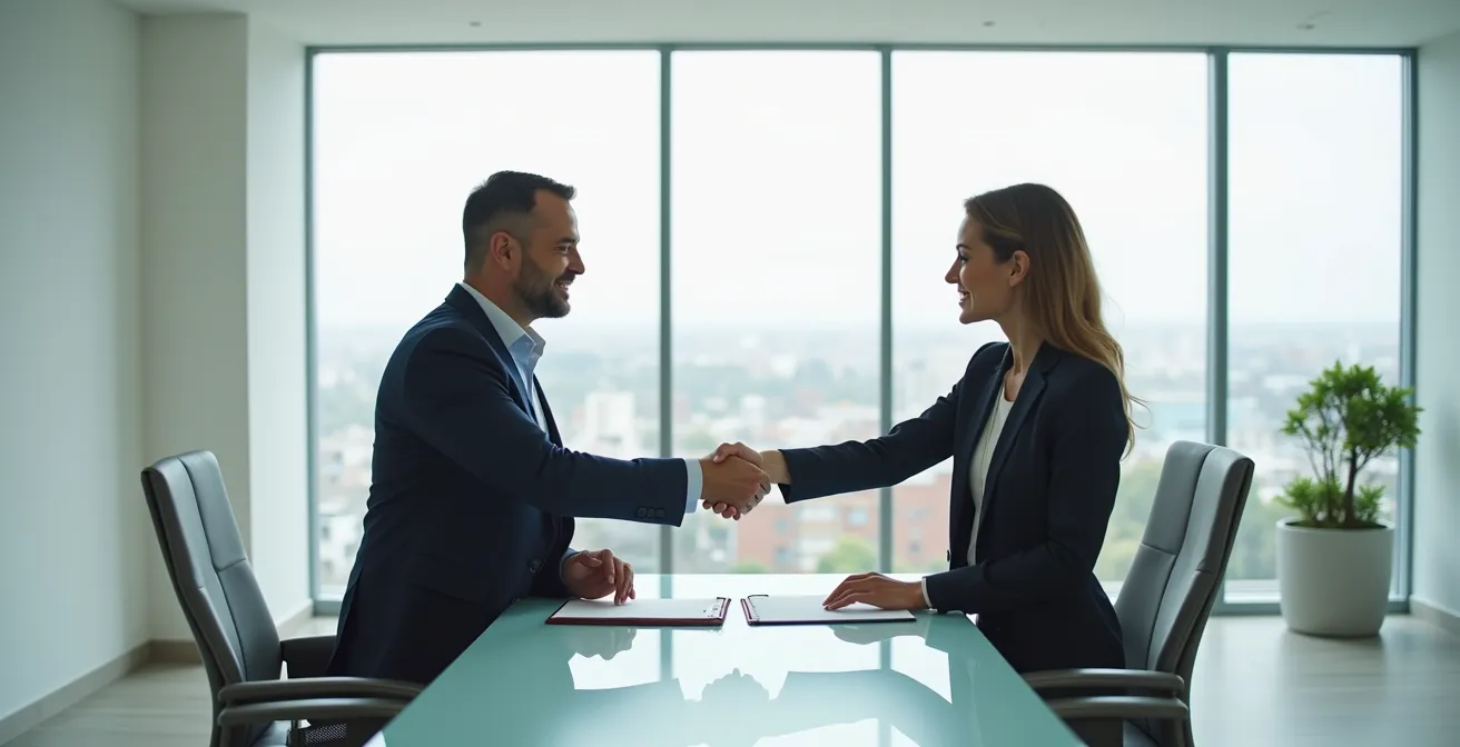Poignée de main entre un conseiller bancaire et un client dans un bureau moderne
