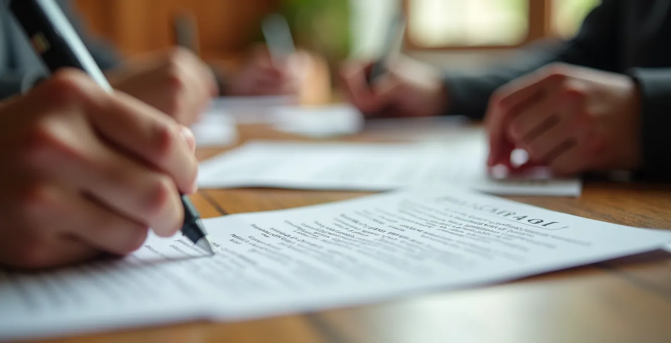 Mains remplissant un formulaire de pouvoir de vote pour assemblée générale de copropriété