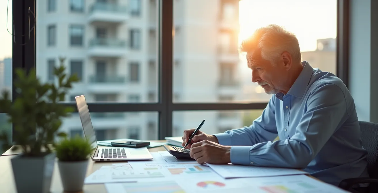 Propriétaire analysant des documents immobiliers dans un bureau moderne avec vue sur appartement en arrière-plan