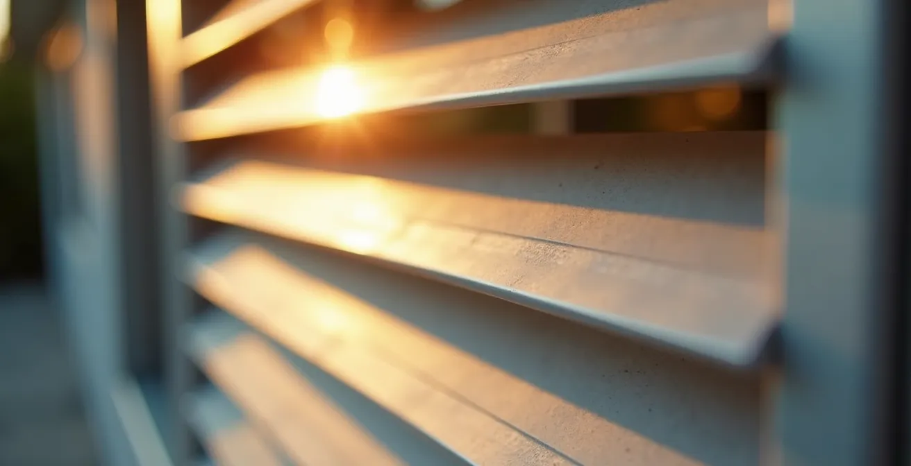Façade de maison équipée de brise-soleil orientables automatisés et végétation ombragée