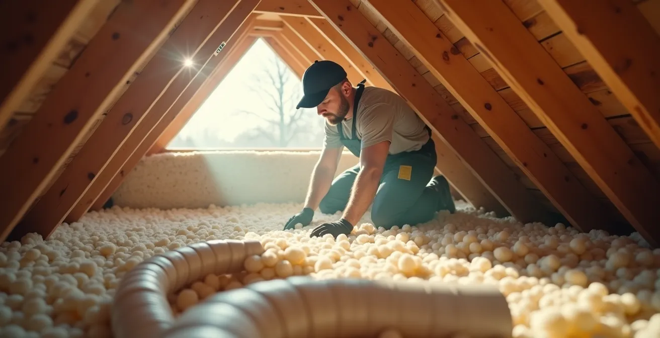 Vue intérieure de combles en cours d'isolation avec matériaux écologiques et système de ventilation moderne