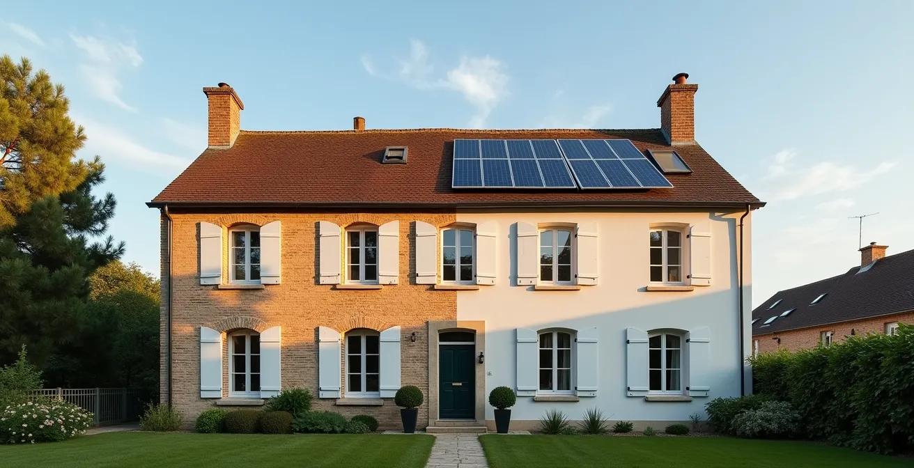 Maison traditionnelle dont la moitié a été rénovée avec une isolation moderne et des panneaux solaires, montrant la transformation énergétique.