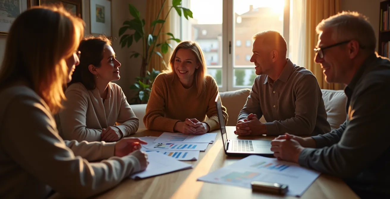 Petit groupe de voisins en réunion de conseil syndical dans un salon d'appartement