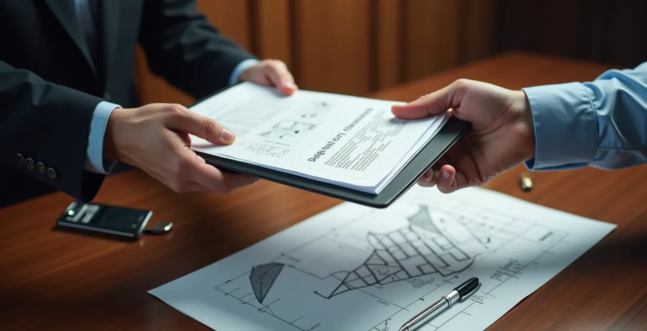 Mains de professionnels échangeant des documents lors d'une signature de compromis dans un bureau notarial