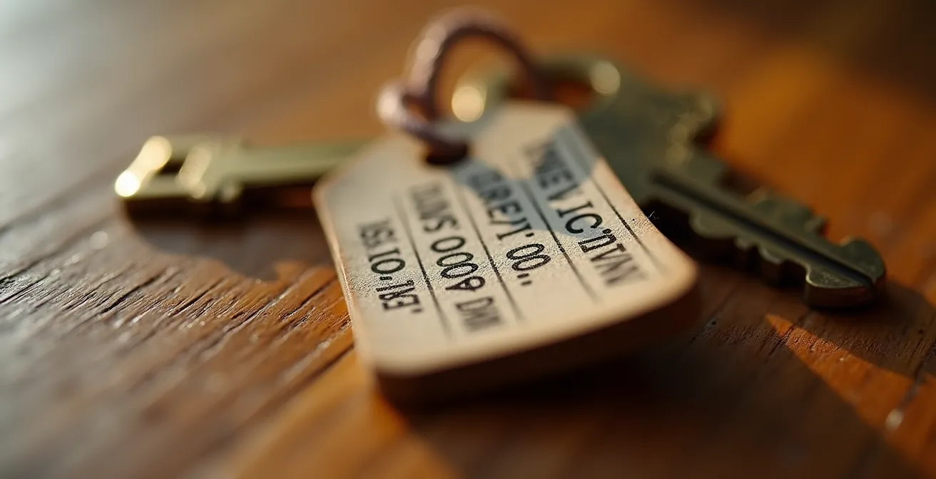 Vue macro d'une étiquette de prix sur une clé de maison avec effet de profondeur de champ