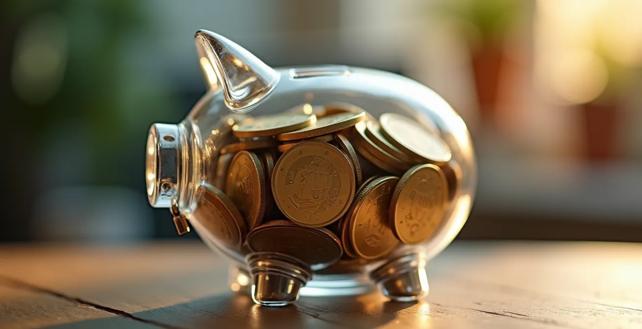 Tirelire transparente remplie de pièces d'euros avec un cadenas symbolisant l'épargne de précaution