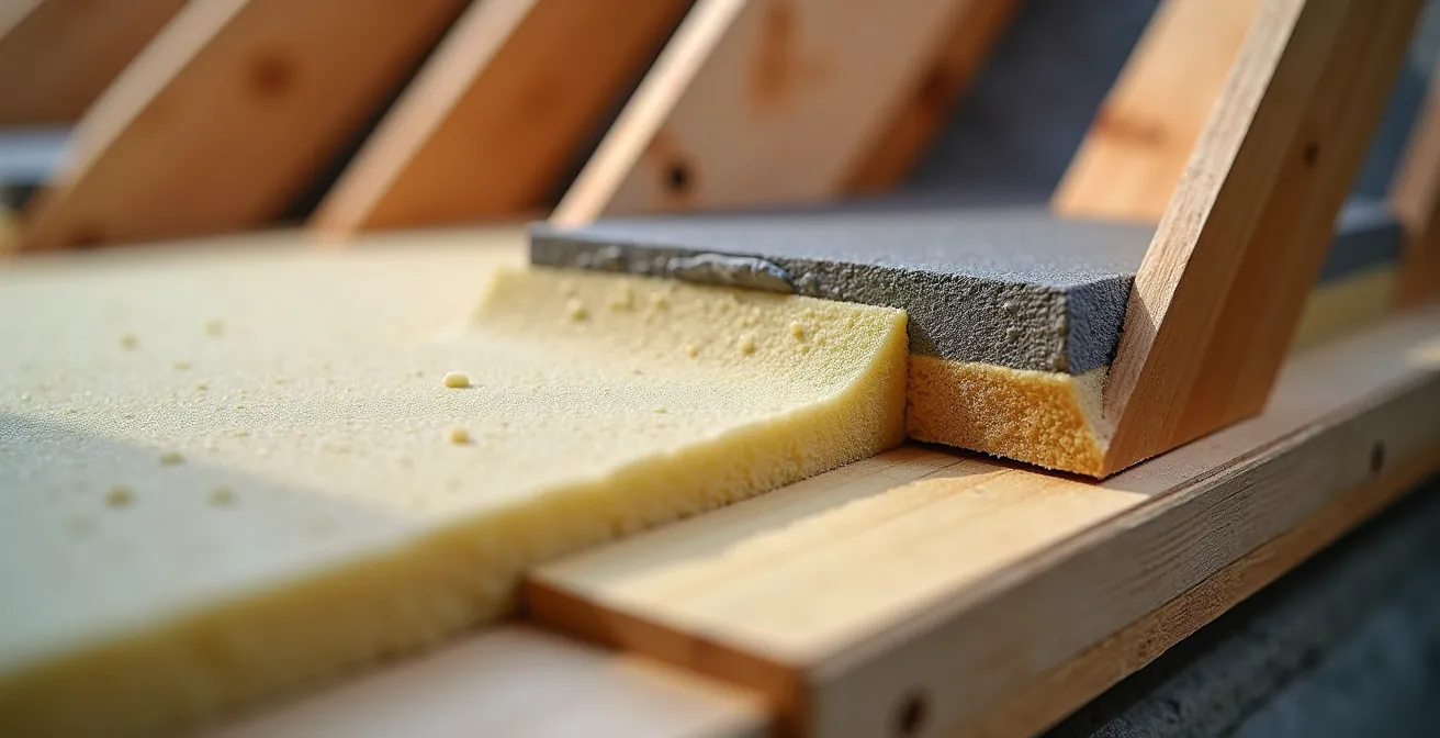 Travaux d'isolation thermique d'une toiture en cours pendant l'hiver