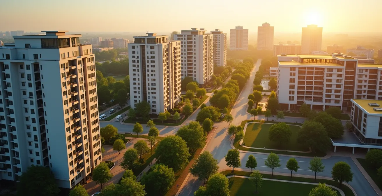 Vue aérienne d'un quartier en rénovation urbaine avec nouveaux immeubles et espaces verts