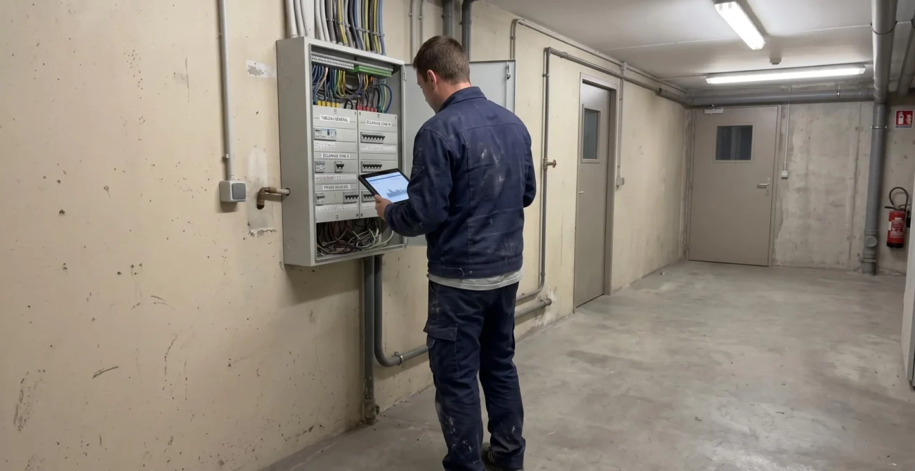 Technicien de dos consultant tablette dans local technique d